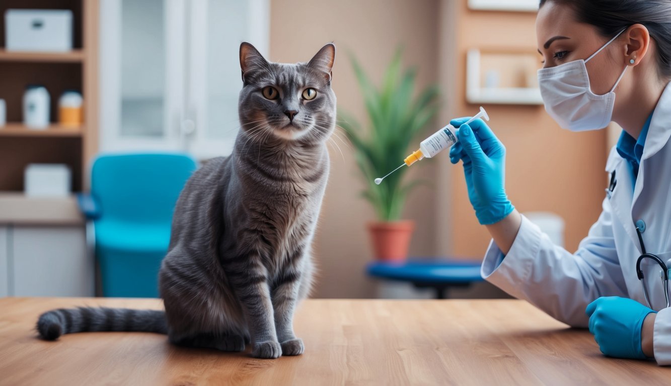 A cat sitting calmly in a cozy veterinary office, while a veterinarian administers a dose of Reconcile medication