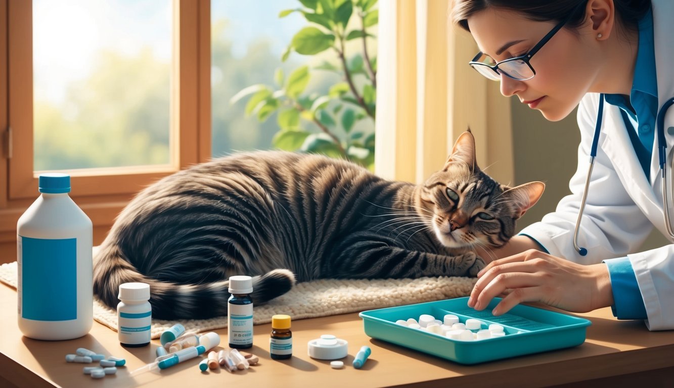 A cat resting in a cozy, sunlit room with a variety of medications and supplements nearby, as a veterinarian carefully monitors its well-being