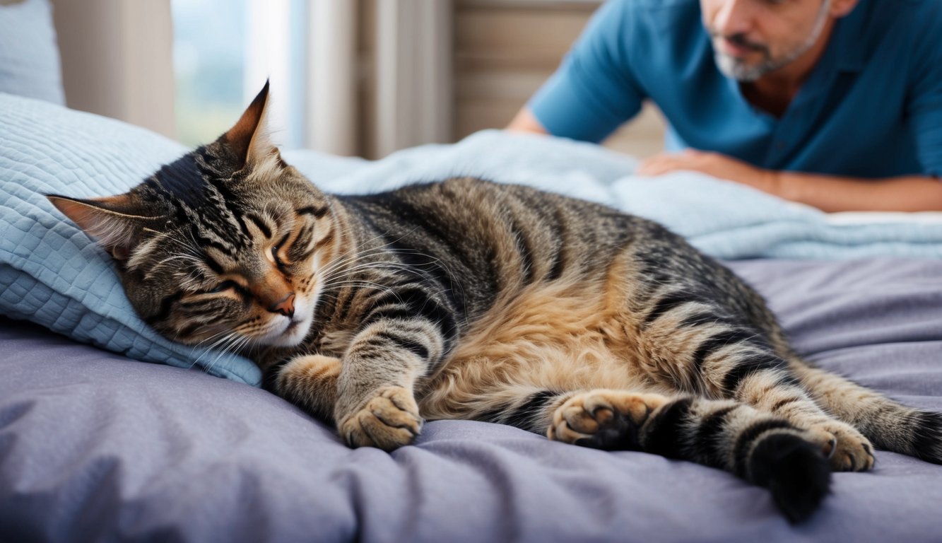 A cat lying on a cozy bed, with a concerned owner looking on.</p><p>The cat appears lethargic and uncomfortable, with drooping ears and a pained expression