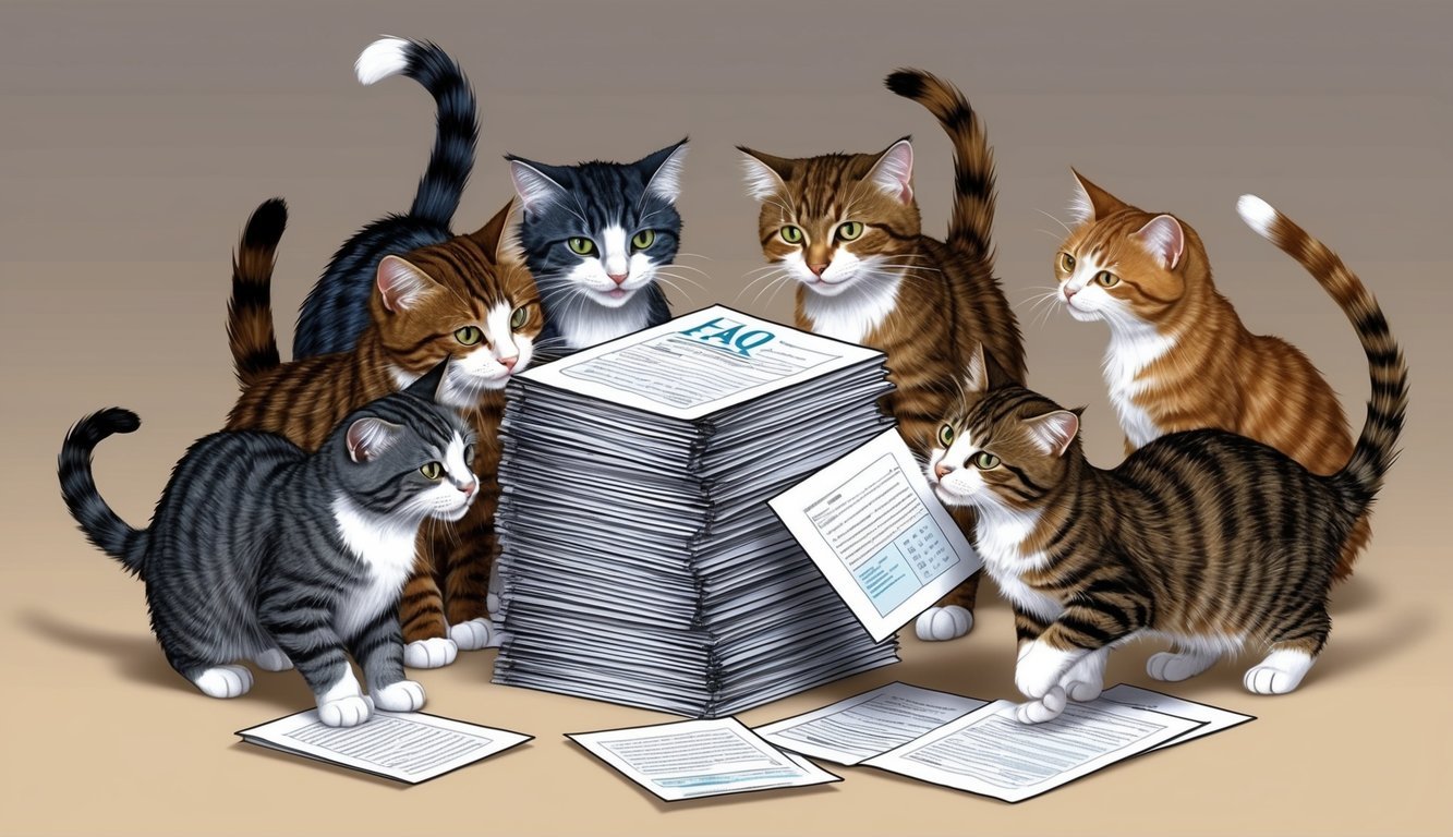 Cats gather around a stack of FAQ papers, curiously inspecting them with tilted heads and twitching tails