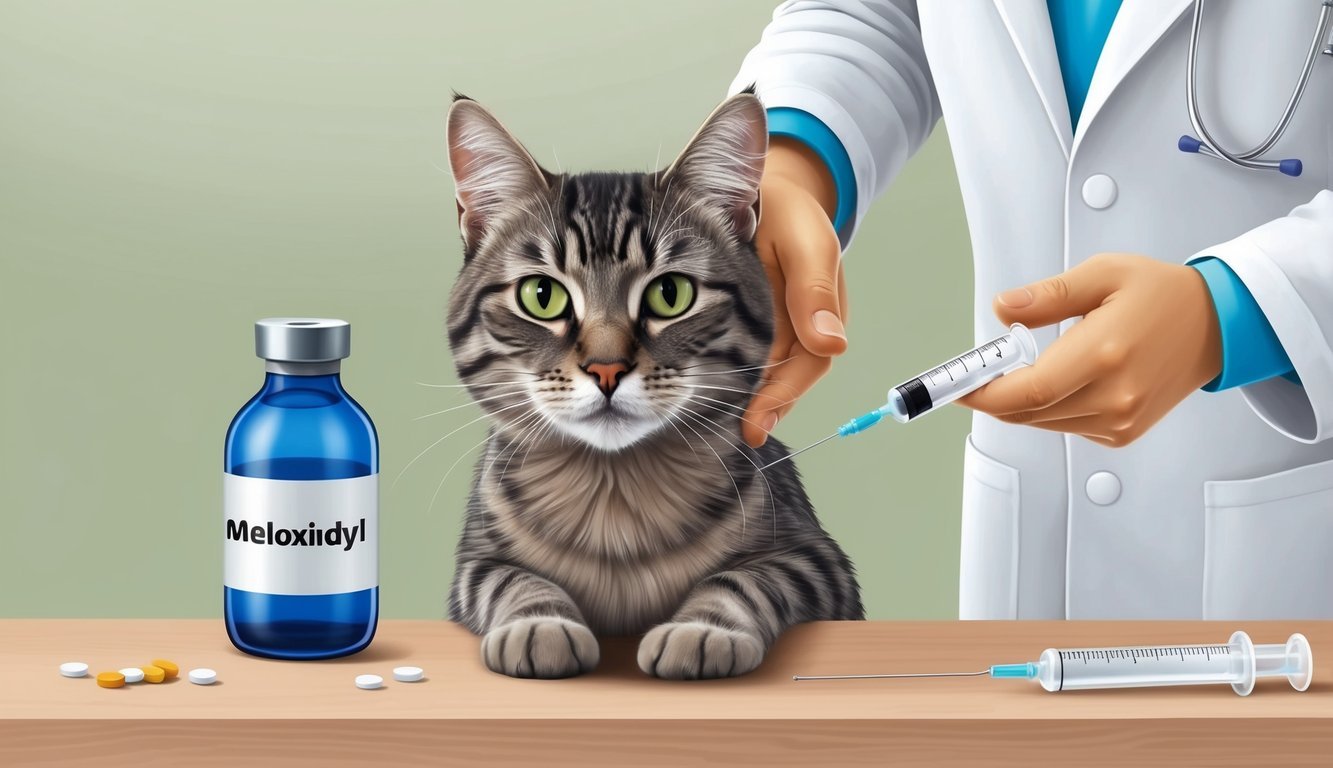 A cat receiving a dose of meloxidyl from a veterinarian, with the medication bottle and syringe visible