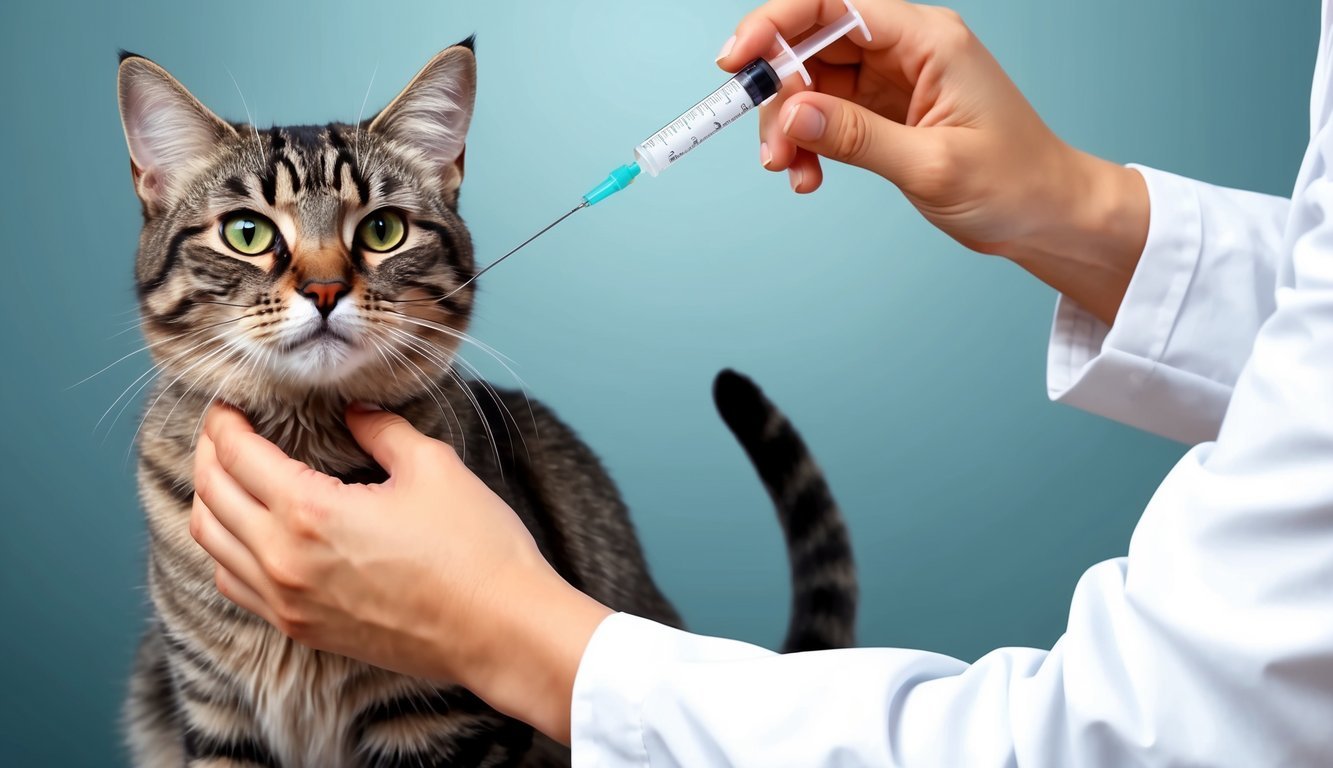 A veterinarian carefully measuring and administering prednisolone to a cat using a syringe