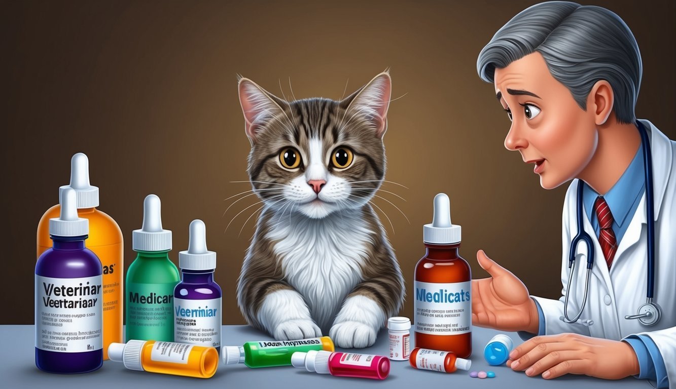 A curious cat surrounded by various medication bottles and a concerned veterinarian answering questions