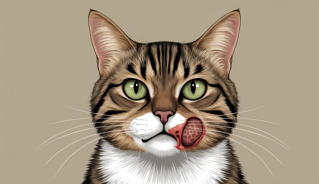 A cat with a visible rodent ulcer on its lip, looking uncomfortable