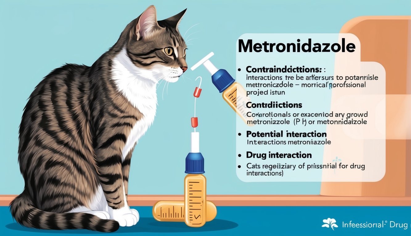 A cat receiving metronidazole next to a list of contraindications and potential drug interactions