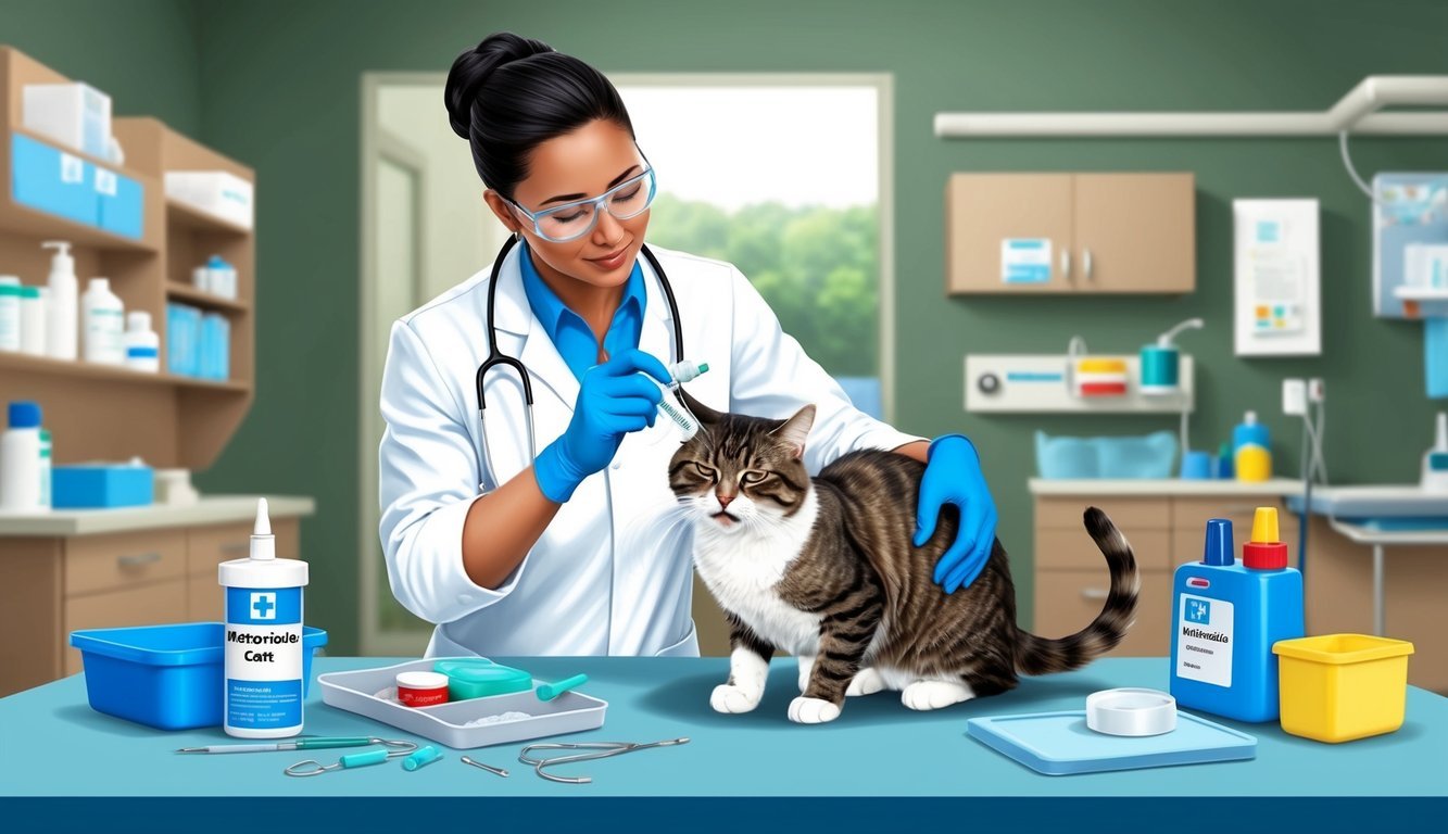 A veterinarian calmly administers metronidazole to a distressed cat in a clinic setting, surrounded by medical equipment and supplies