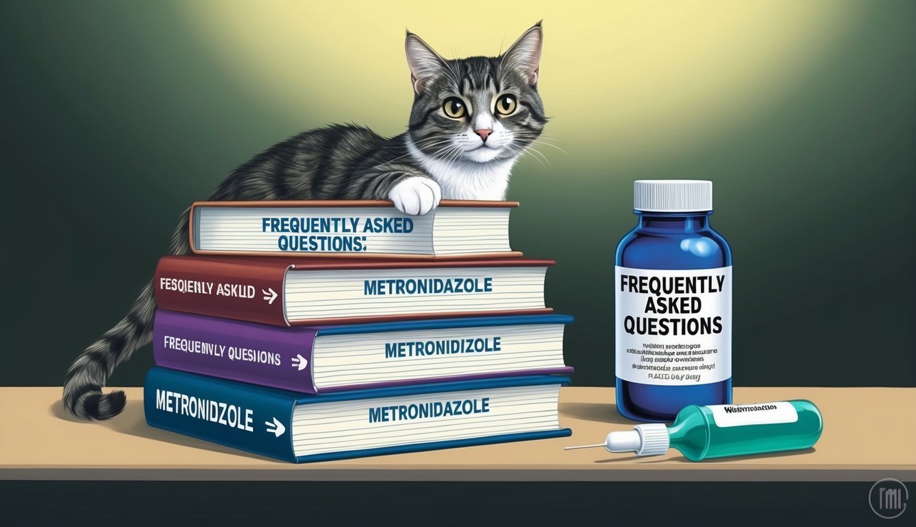 A curious cat sits beside a stack of books labeled "Frequently Asked Questions" with a bottle of metronidazole beside it