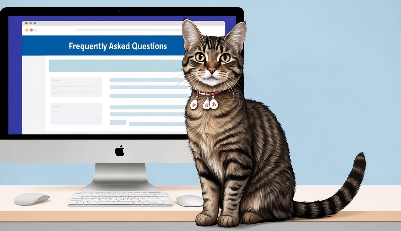 A cat with skin tags on its neck, sitting in front of a computer screen displaying a "Frequently Asked Questions" page