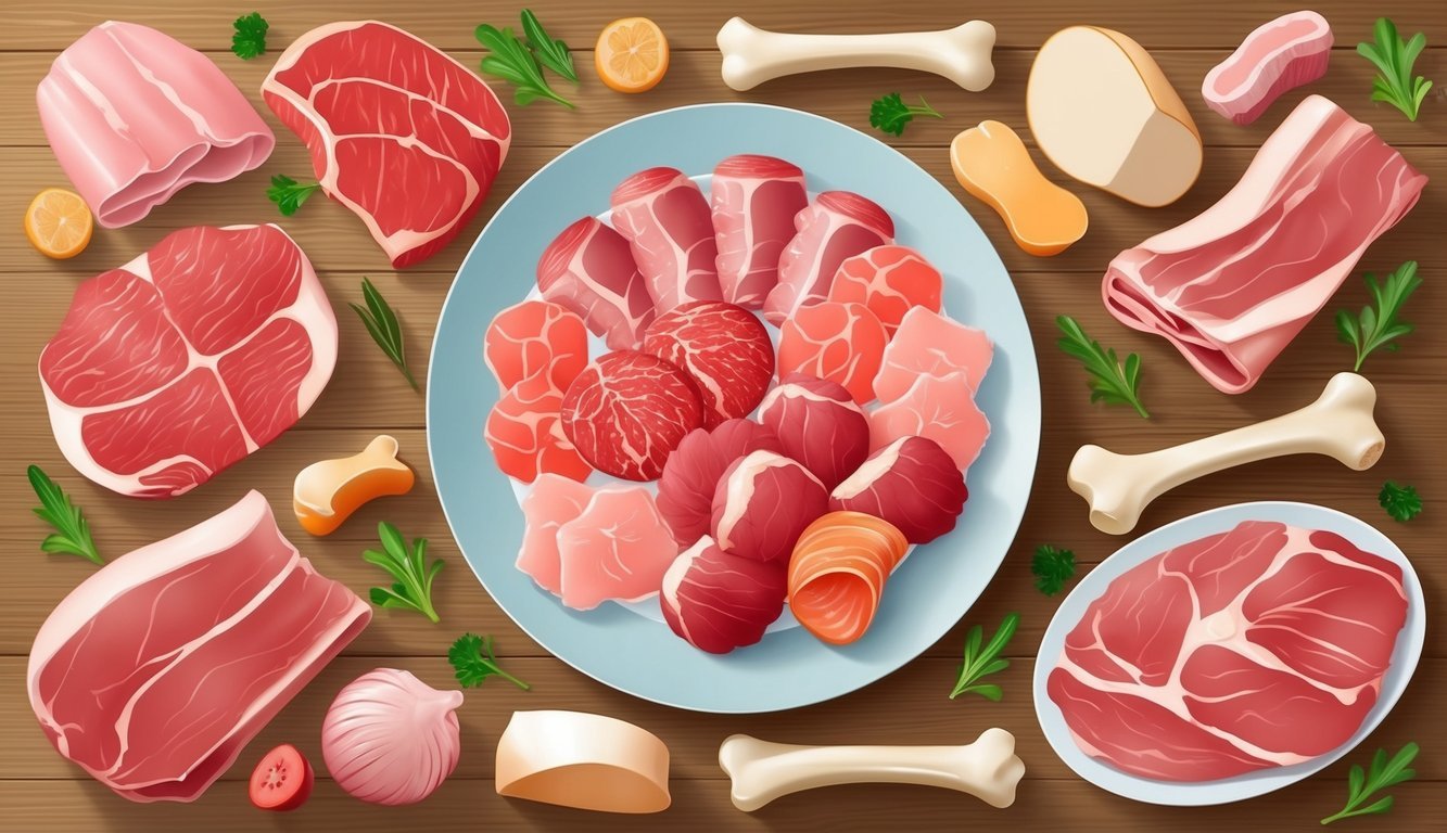 A variety of raw meats and bones arranged on a plate for a cat's diet