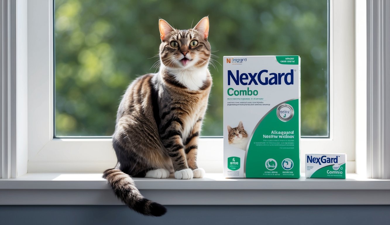 A cat sitting on a windowsill with a NexGard Combo box and a happy, healthy expression