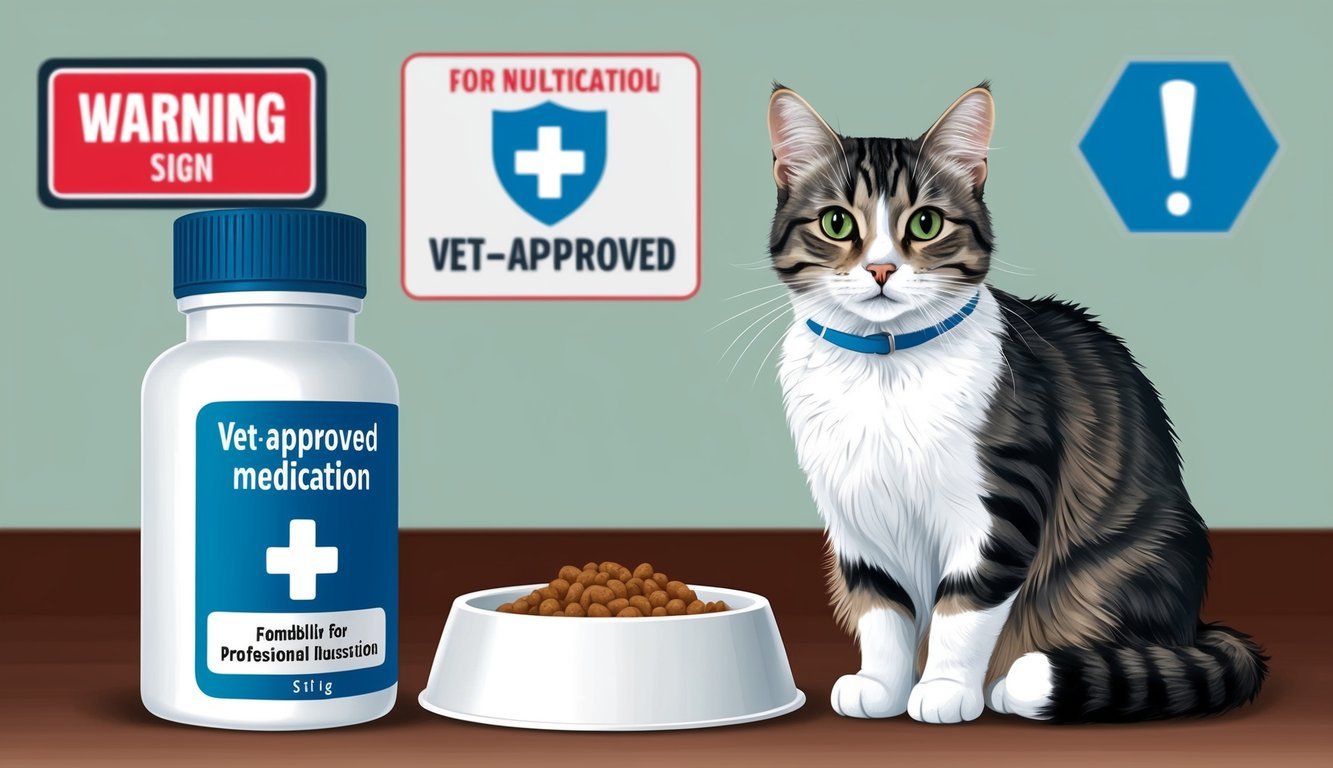 A cat sitting next to a bowl of food, with a vet-approved medication nearby and a warning sign in the background