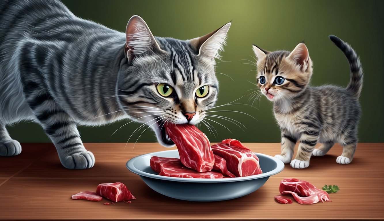 A cat eagerly eats raw meat from a bowl while a curious kitten watches nearby