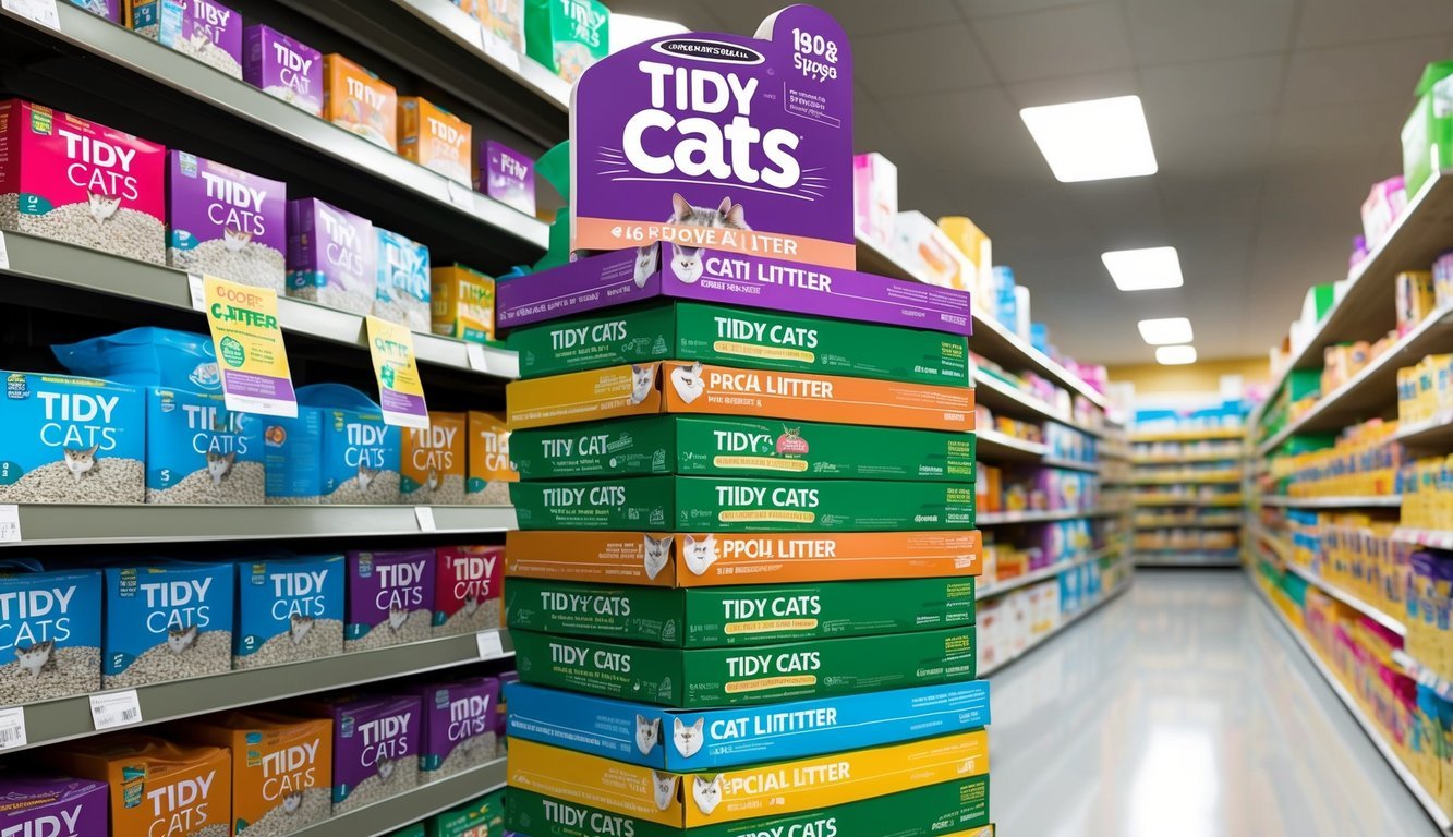 A stack of colorful promotional signs for Tidy Cats cat litter with eye-catching graphics and special offers displayed in a pet store aisle