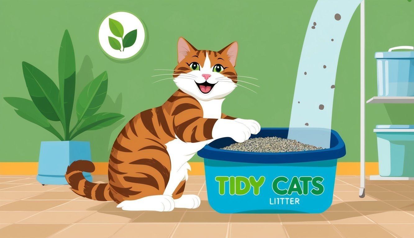 A cat happily using Tidy Cats cat litter in a clean and environmentally friendly space