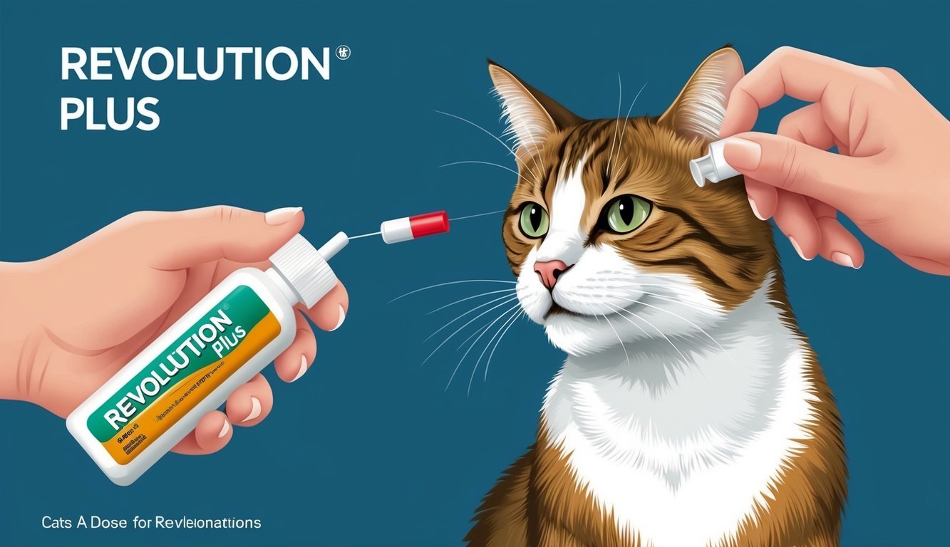 A cat receiving a dose of Revolution Plus, with the application process clearly depicted