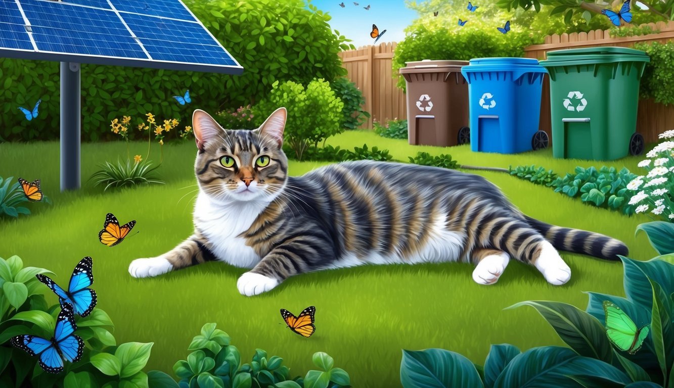 A cat lounges in a lush, green garden, surrounded by butterflies and birds.</p><p>A solar panel and recycling bins are visible in the background