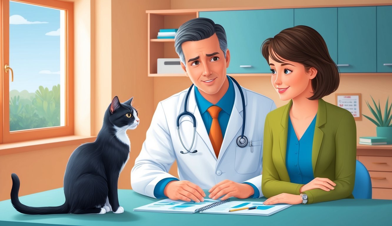 A veterinarian discussing pancreatic cancer with a concerned cat owner in a cozy exam room