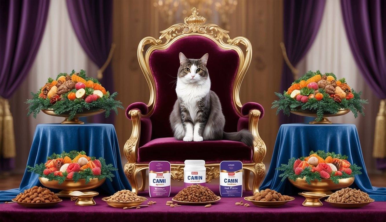 Cat on a throne with food and cat food products