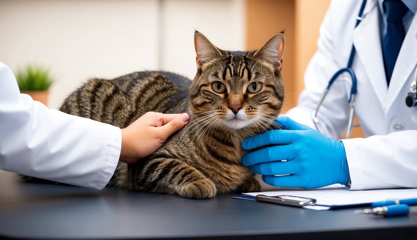 A tabby cat receiving a check-up from a veterinarian, with a focus on the abdomen area