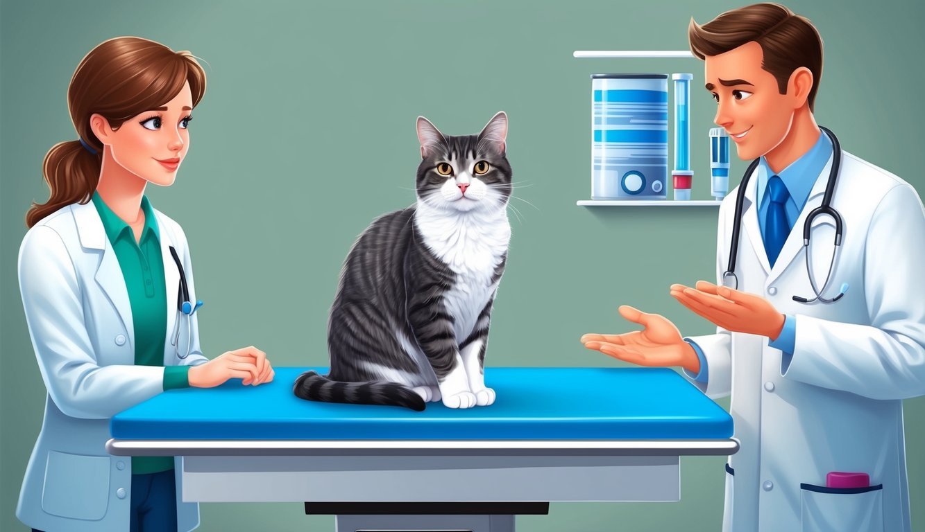 A cat sitting on a veterinary examination table, with a concerned owner and a veterinarian discussing pancreatic cancer