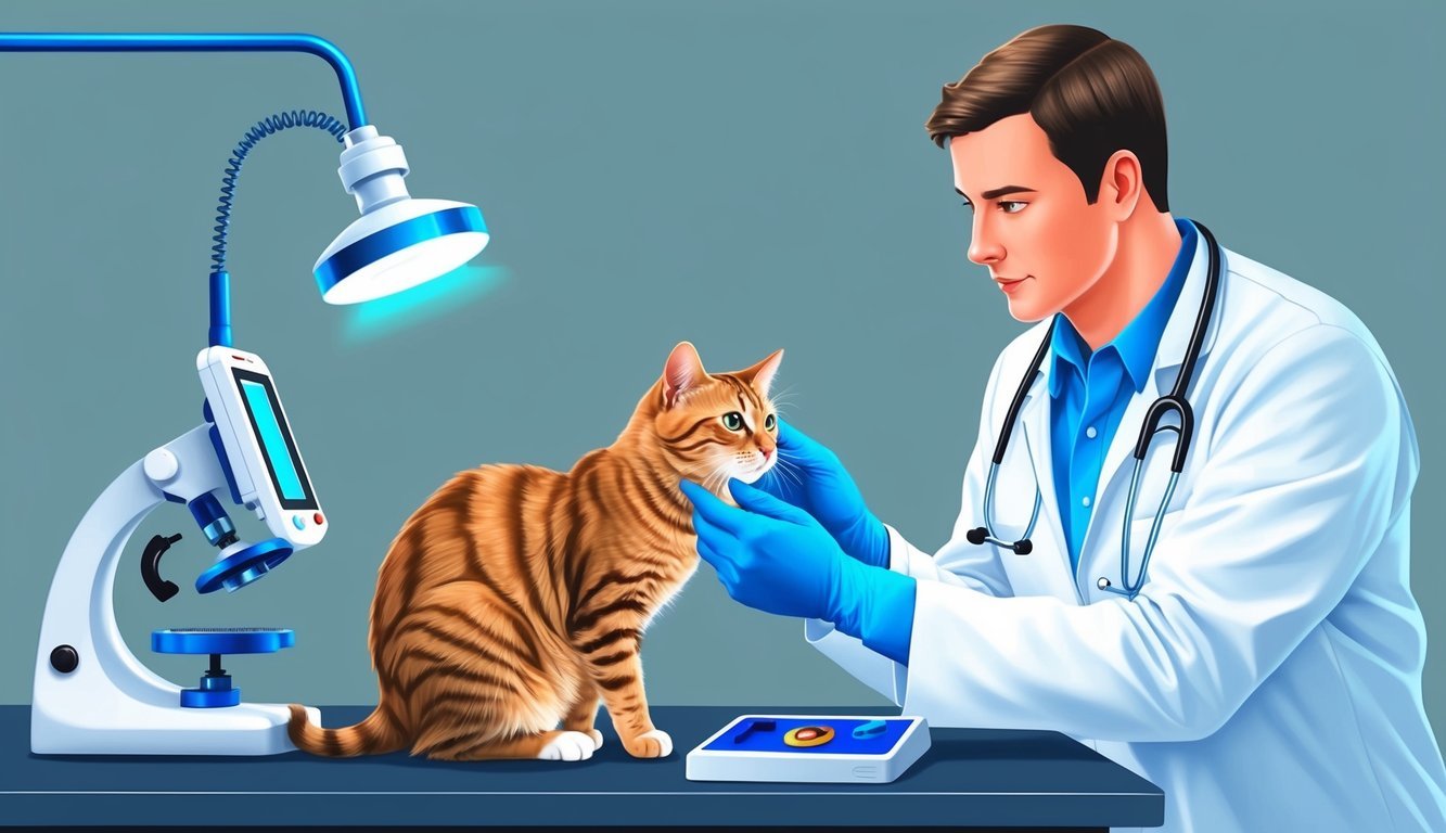 A veterinarian examining a sick cat for signs of parvo, using diagnostic equipment and observing the cat's behavior for detection