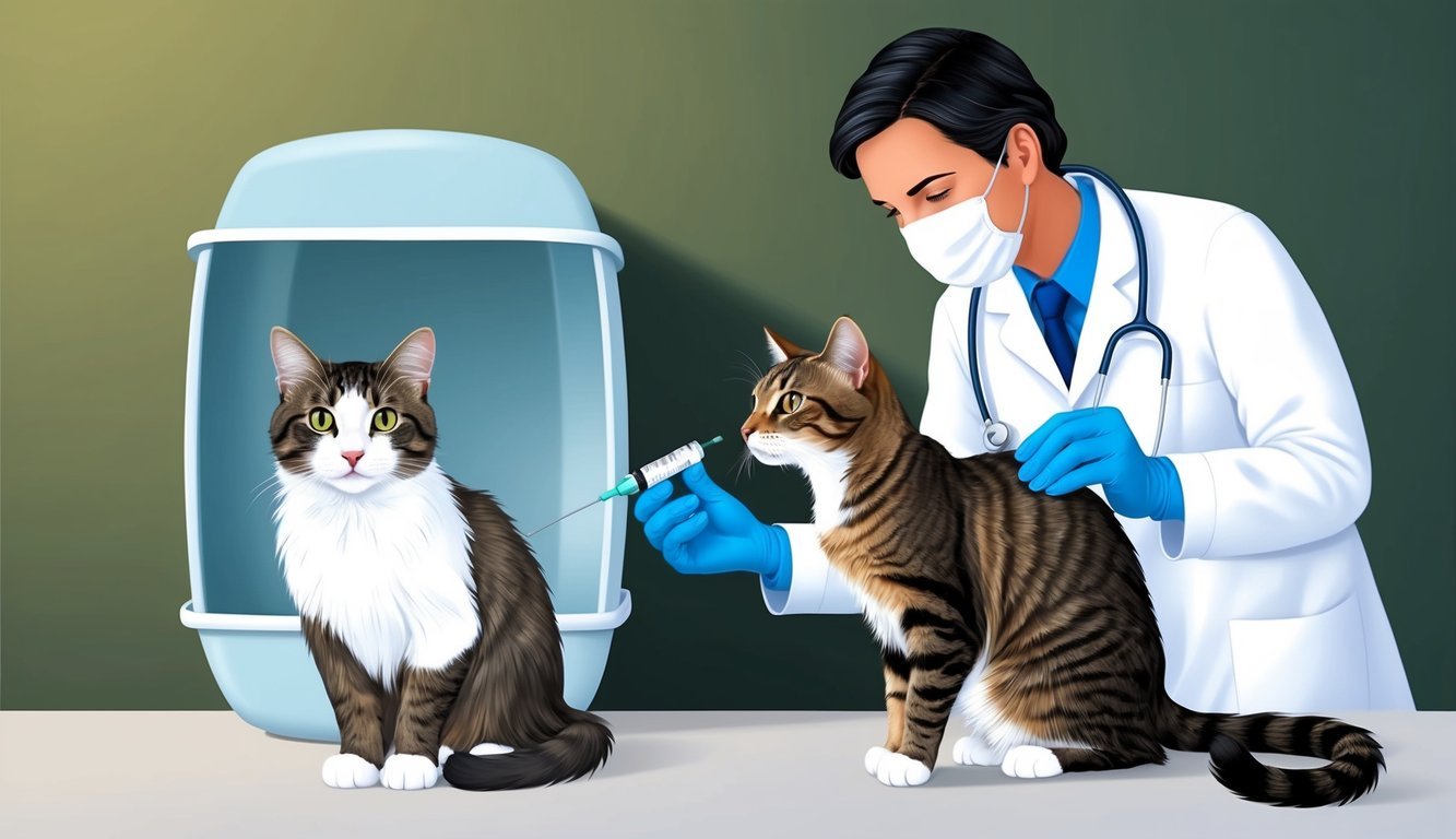 A veterinarian administering a vaccine to a cat, while another cat is kept in isolation to prevent the spread of parvovirus