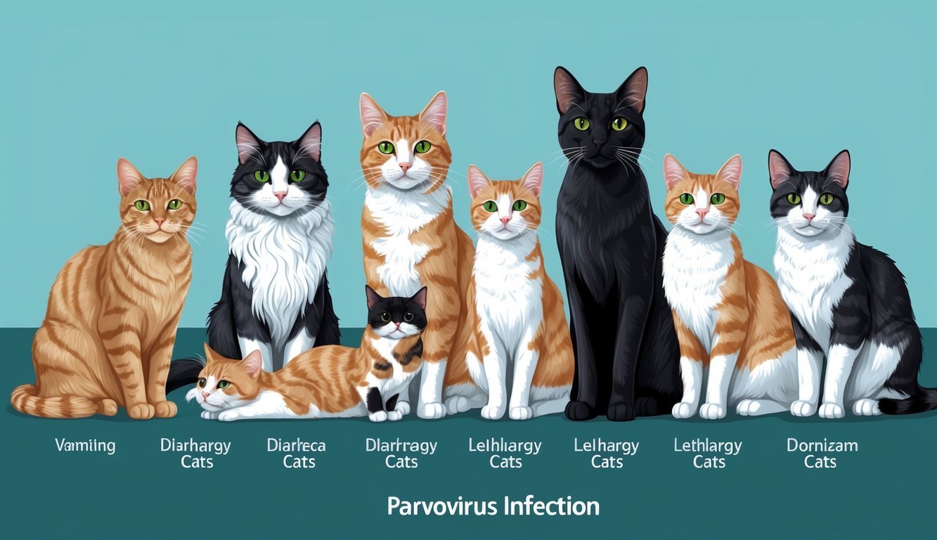 A group of cats of different ages and breeds, some showing signs of illness, while others appear healthy.</p><p>The sick cats display symptoms such as vomiting, diarrhea, and lethargy, indicating different stages of parvovirus infection