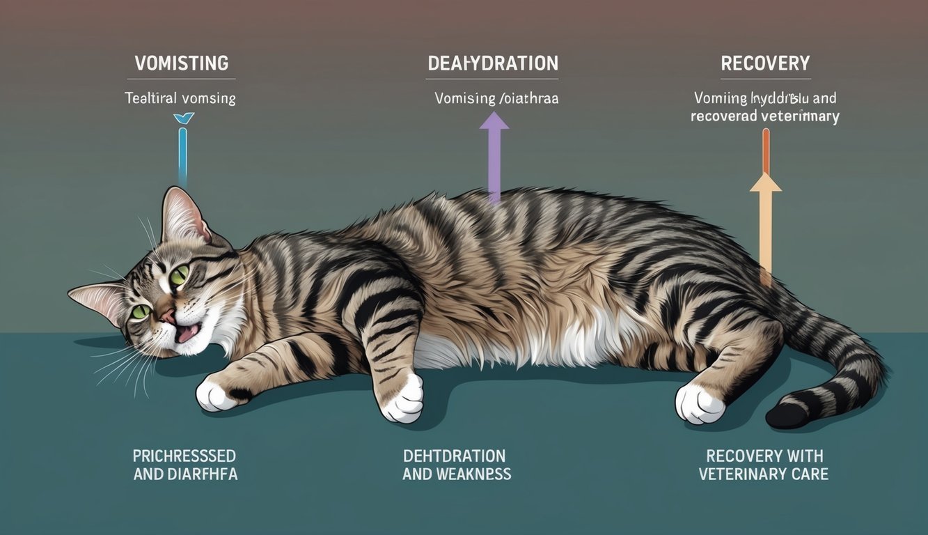 A cat lying lethargic with vomiting and diarrhea, progressing to dehydration and weakness, then recovery with veterinary care