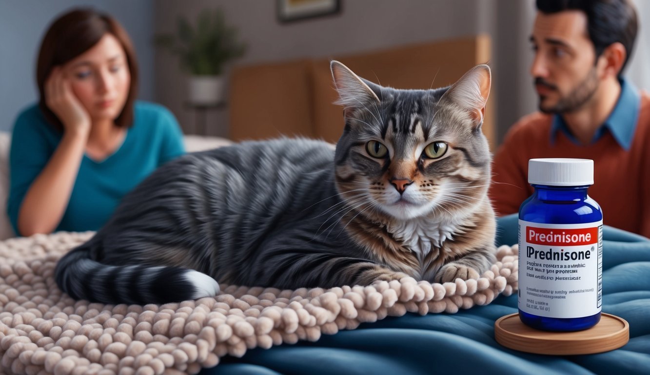 A cat resting on a cozy blanket, with a bottle of prednisone and a worried owner in the background