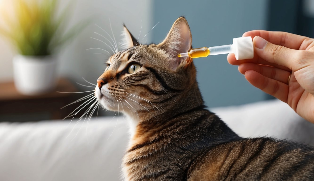 A cat receiving flea treatment on the back of its neck, with a small dropper applying the solution