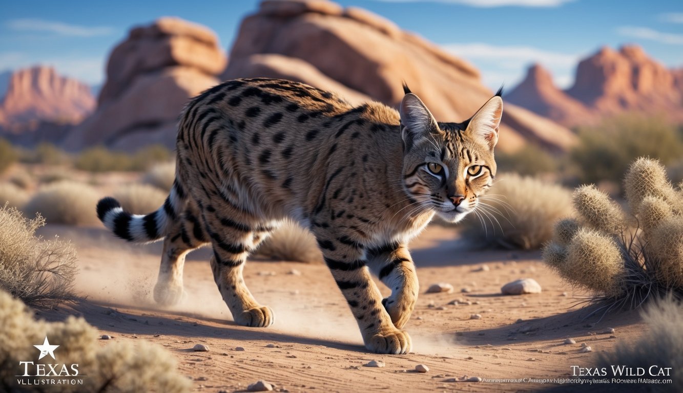 A Texas wild cat prowls through a rocky desert landscape, its sleek fur blending into the dry, dusty terrain.</p><p>Its alert ears and intense gaze convey its predatory nature