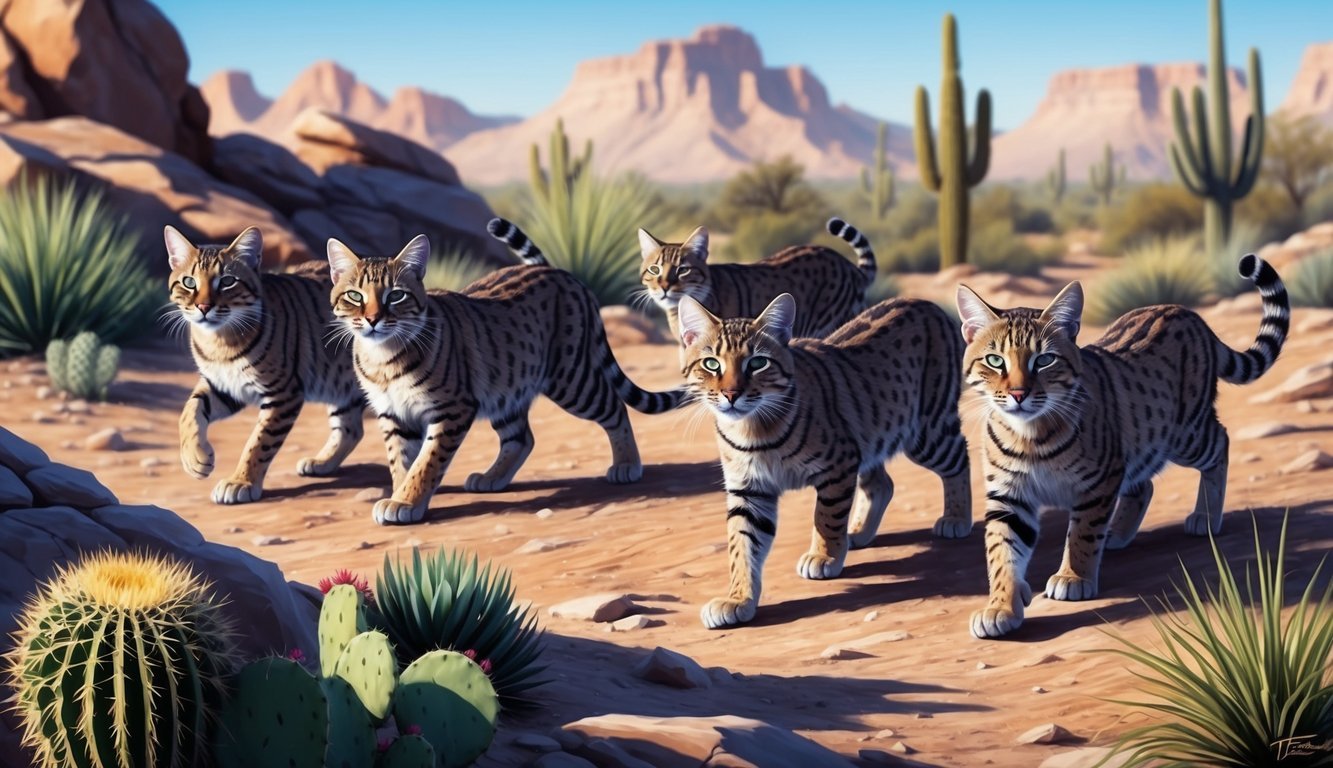 A group of Texas wild cats roaming through a rocky desert landscape, with cacti and scrub brush in the background