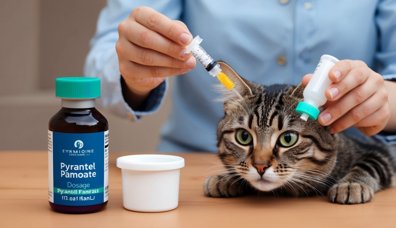 A cat owner measuring pyrantel pamoate dosage for their feline companion using a syringe and medication bottle