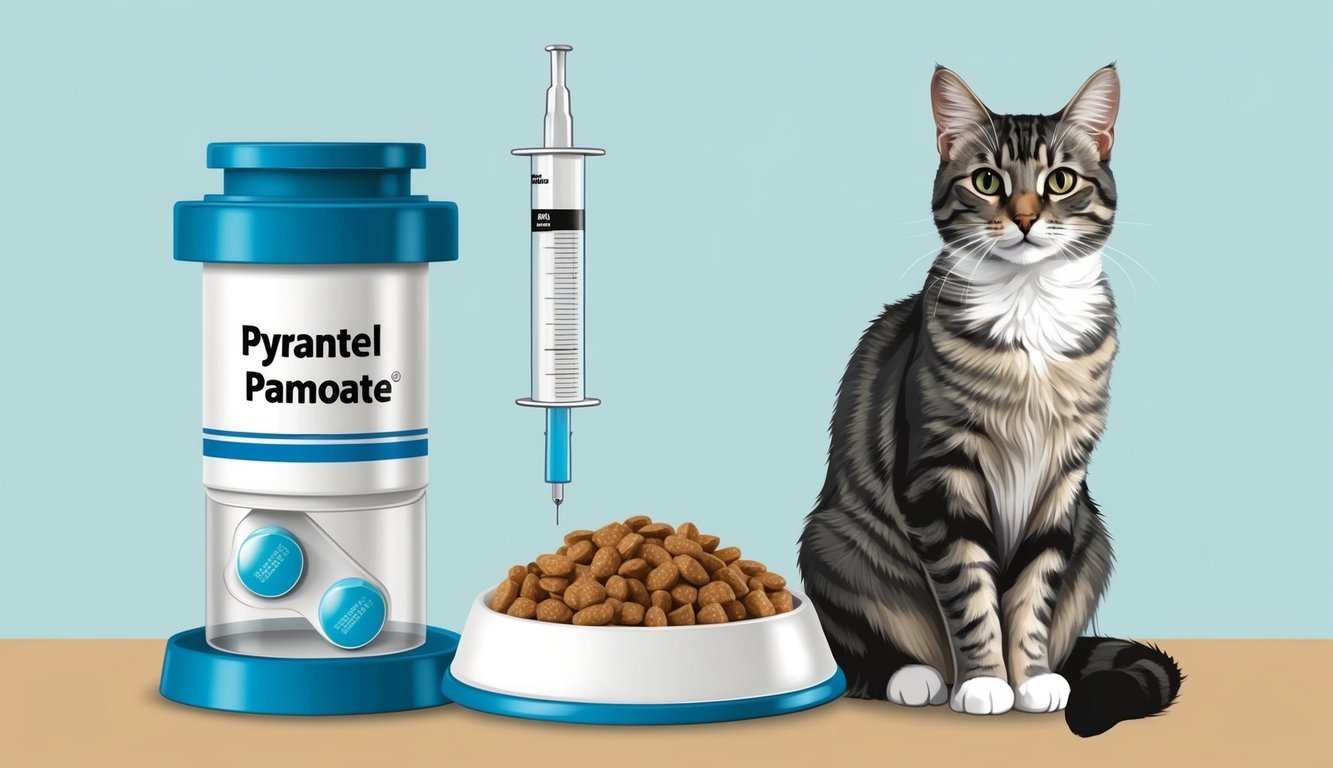 A cat sitting next to a pill dispenser with pyrantel pamoate tablets, a measuring syringe, and a bowl of cat food