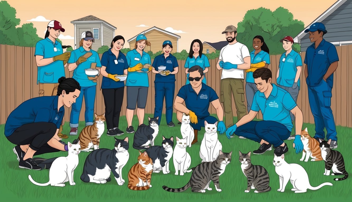 A group of volunteers gather to feed and care for a colony of town cats, providing shelter and medical attention