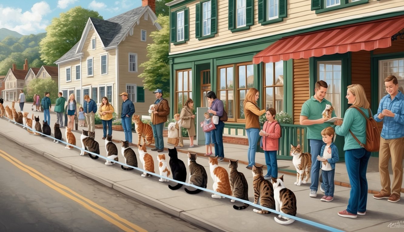 Cats waiting in line outside a quaint town building, filled with anticipation and hope, as families chat with adoption counselors