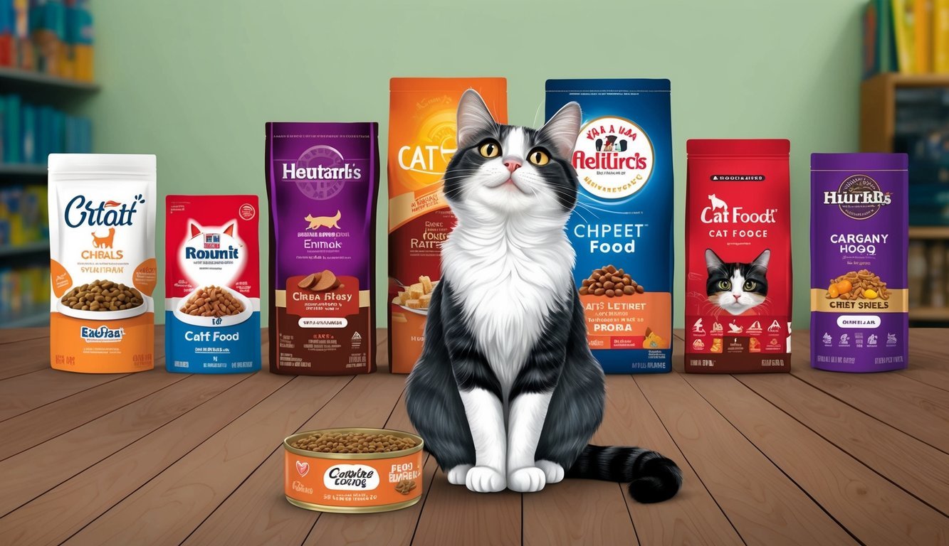 A cat sitting in front of a row of different cat food brands, looking up at the options with curiosity