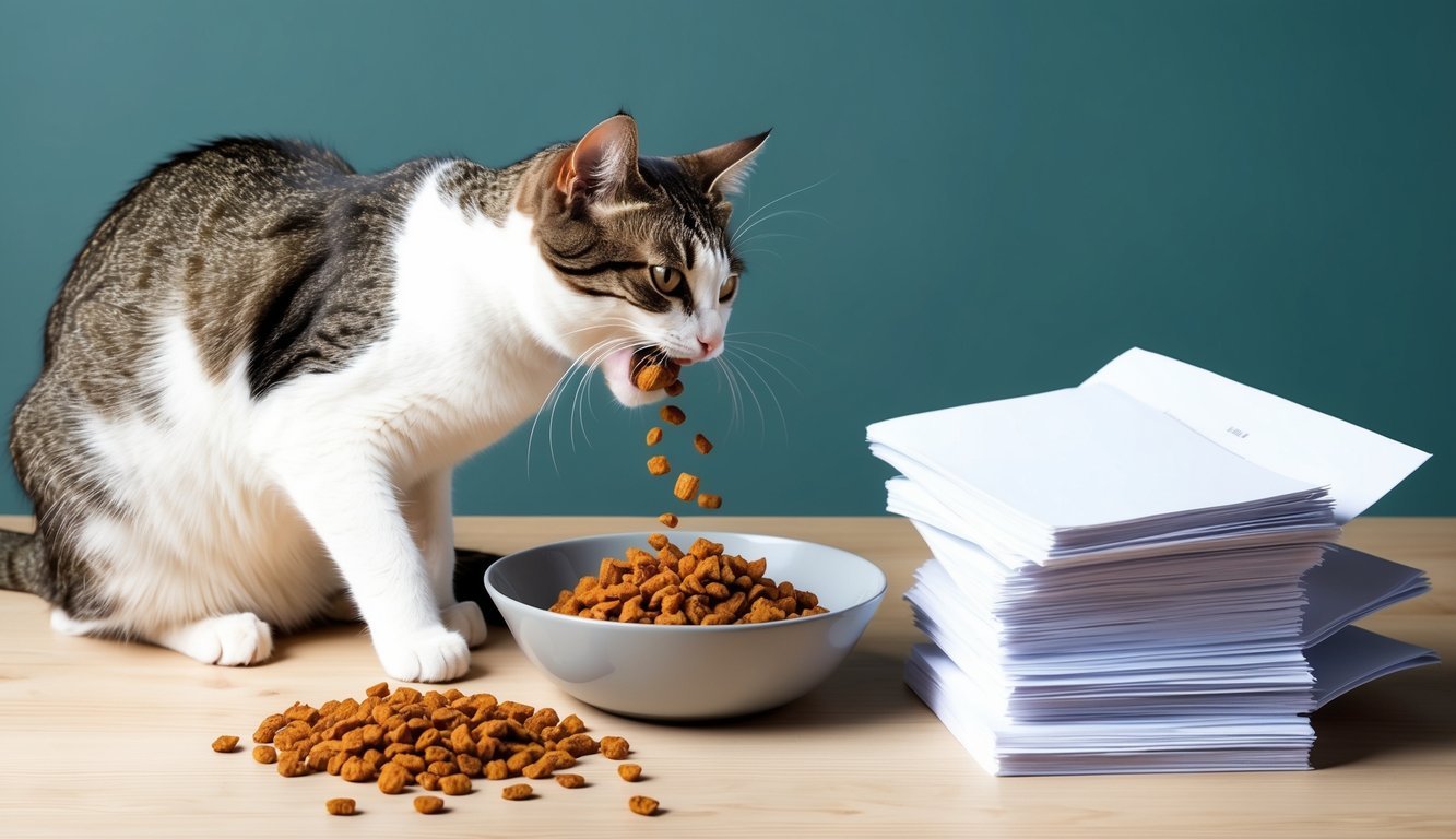 A cat eagerly eating from a bowl filled with real food, while a stack of FAQ papers sits nearby