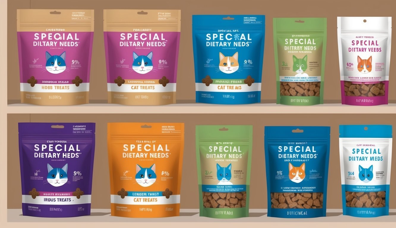 A variety of cat treats labeled for special dietary needs displayed on a shelf with colorful packaging