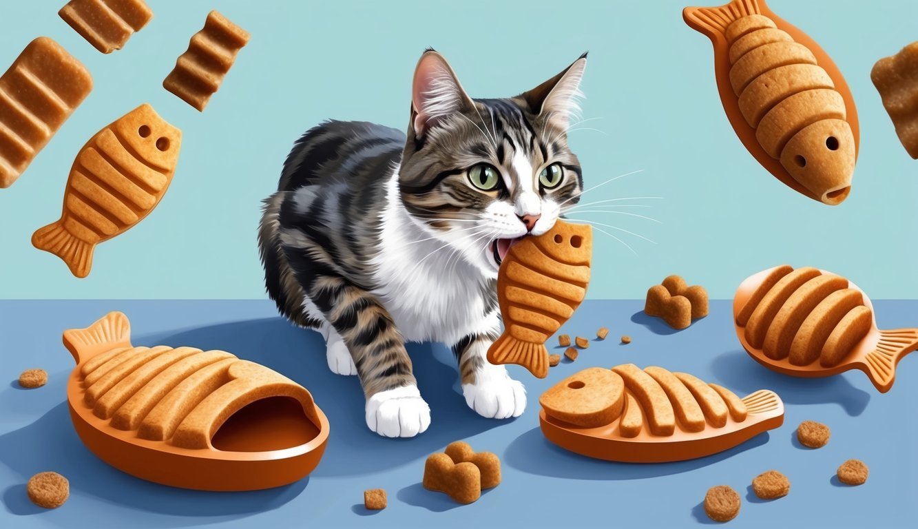 A cat eagerly eats a unique treat shaped like a fish, surrounded by other innovative treat forms