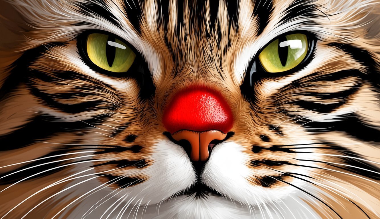 A close-up of a cat's face with a red, inflamed patch on its nose, surrounded by fur