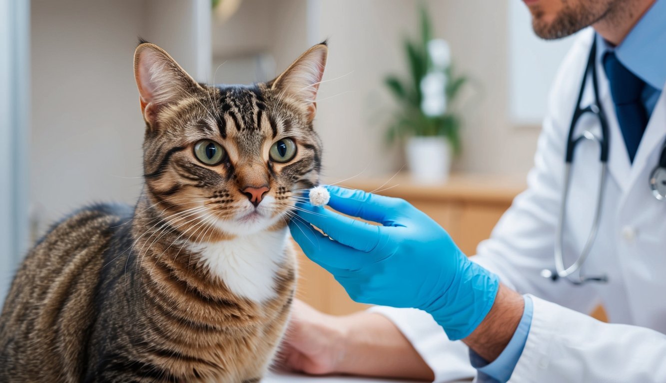 A cat with a ringworm on its nose receiving aftercare and monitoring from a veterinarian