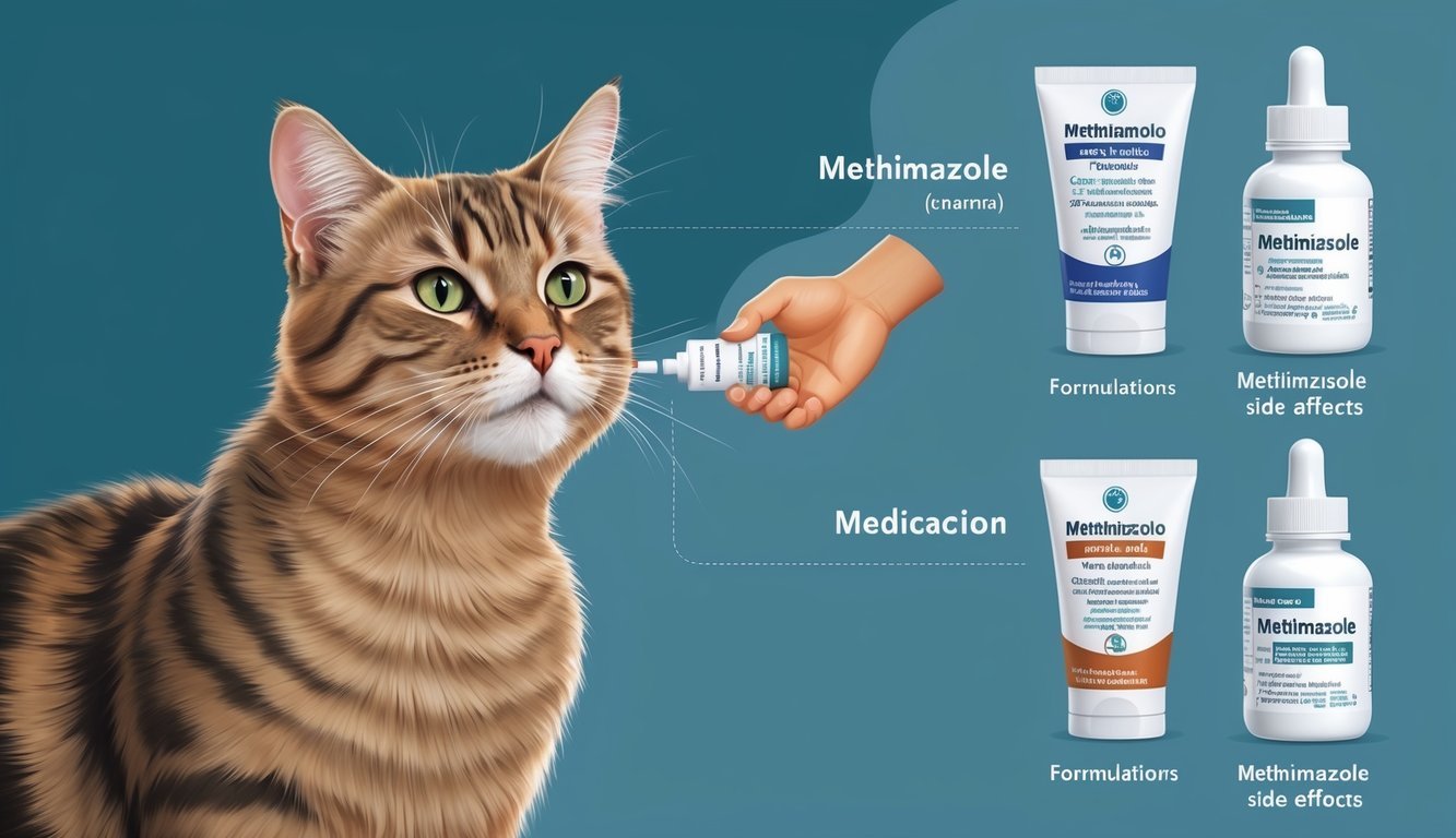 A cat receiving methimazole medication with various formulations showing potential side effects