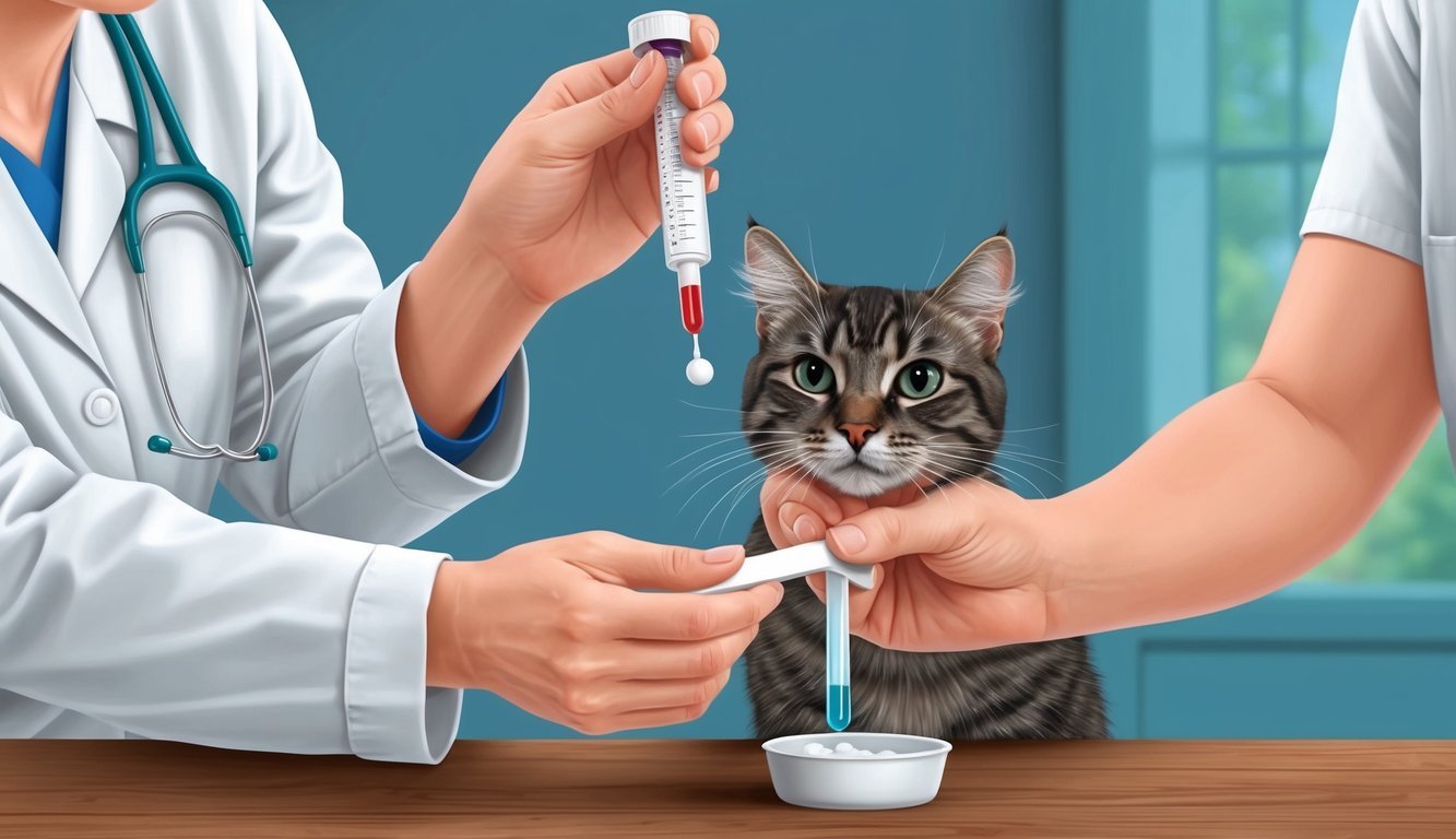 A veterinarian measuring out methimazole for a cat while observing its behavior