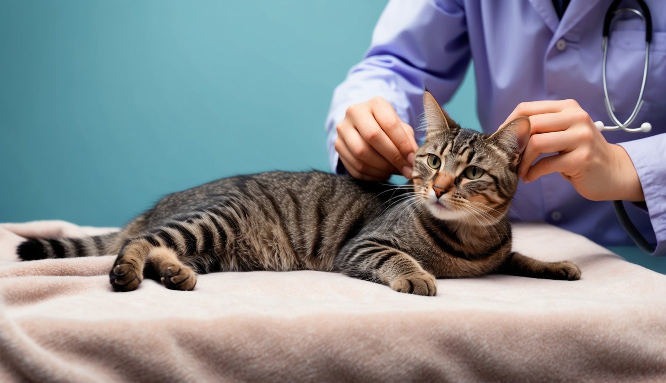 A cat lying on a soft blanket, tilting its head to the side with a slightly unsteady stance, while a veterinarian examines its ears