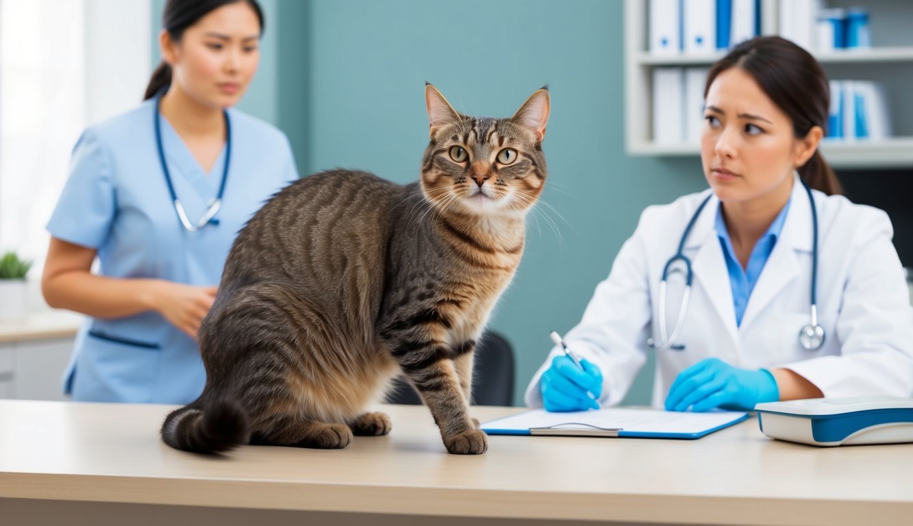 A cat sitting in a veterinarian's office, with a concerned owner in the background.</p><p>The cat appears disoriented and unsteady on its feet