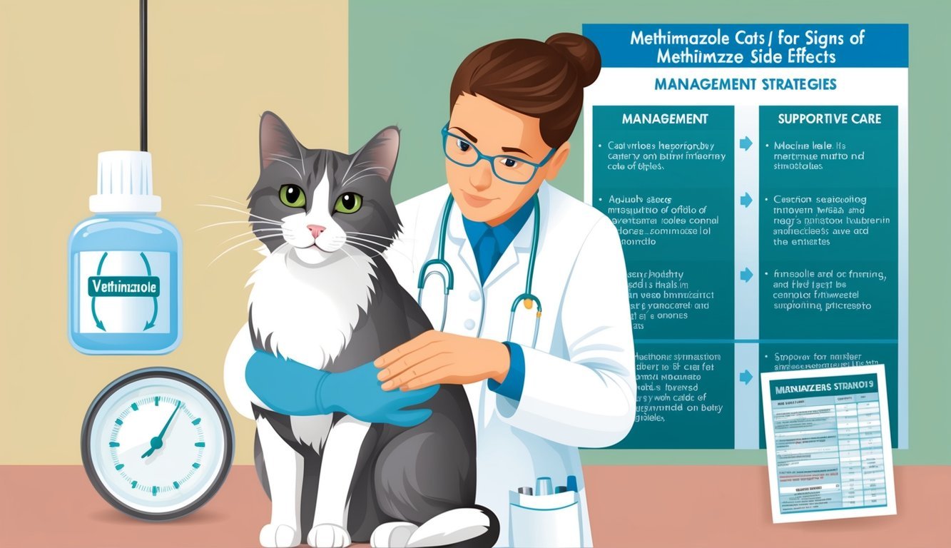 A veterinarian carefully monitoring a cat for signs of methimazole side effects, with a chart of management strategies and supportive care in the background