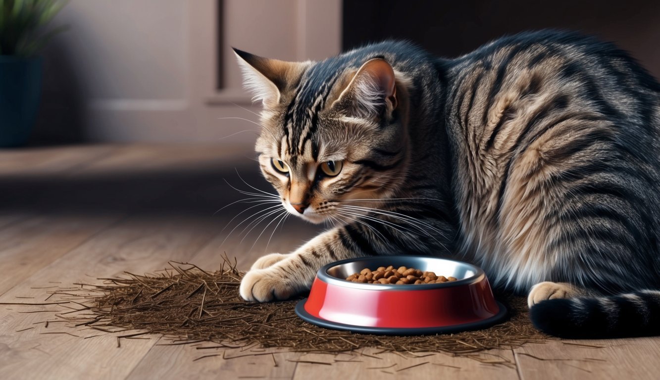 A cat kneads the ground with its paws while scratching around its food bowl