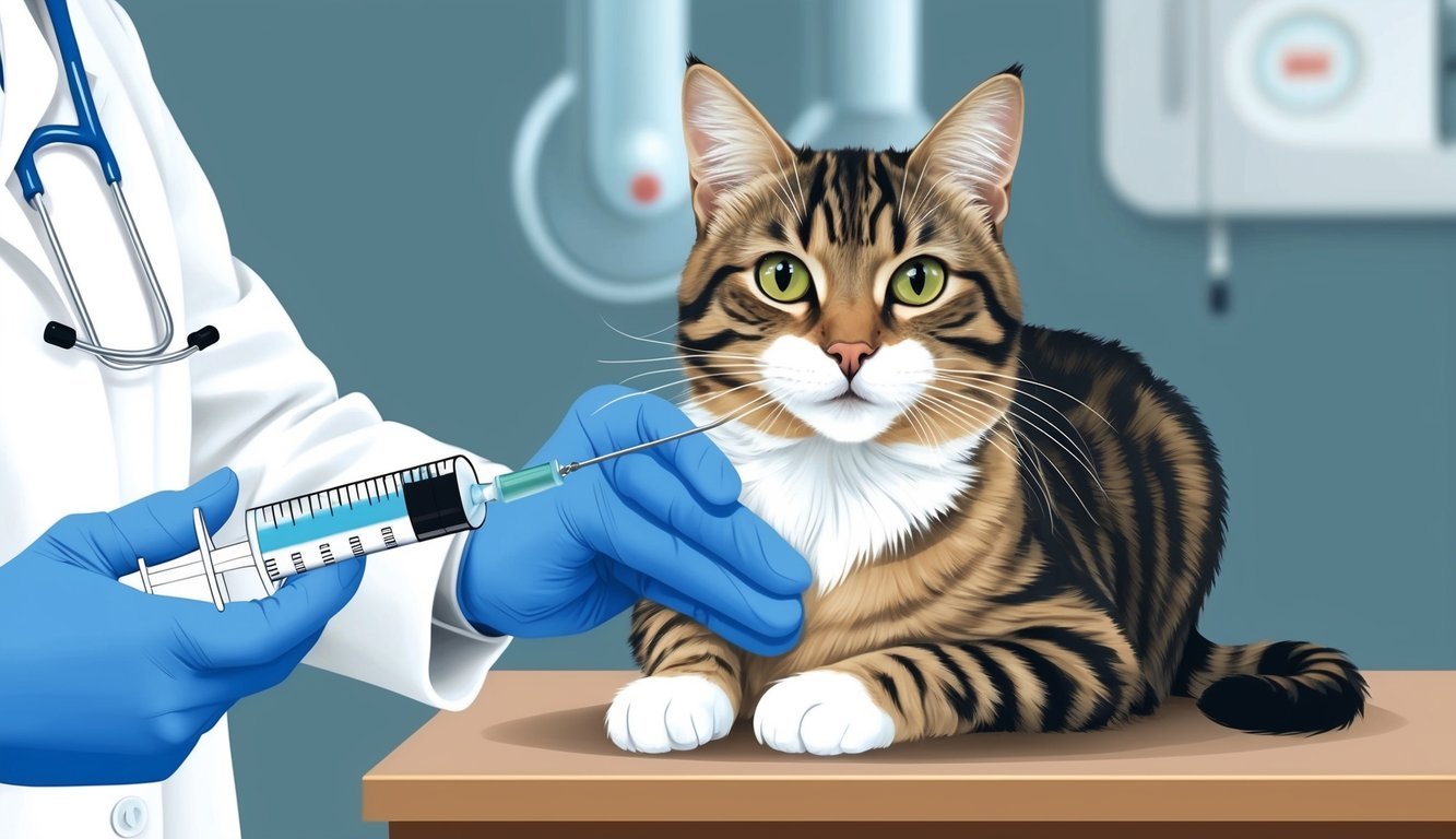 A cat receiving sucralfate therapy from a veterinarian, with the medication being administered through a syringe or mixed into the cat's food