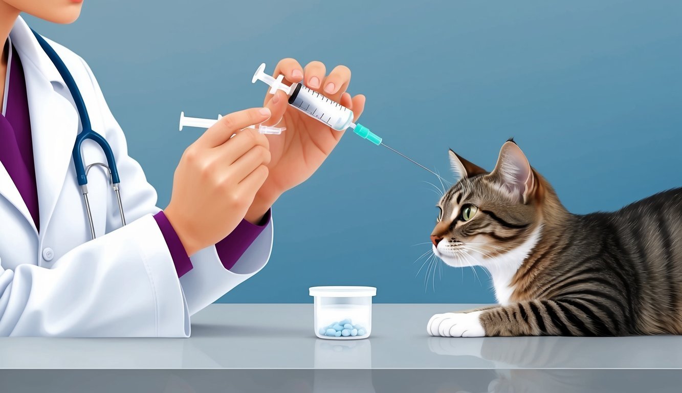 A veterinarian administering sucralfate to a cat using a syringe